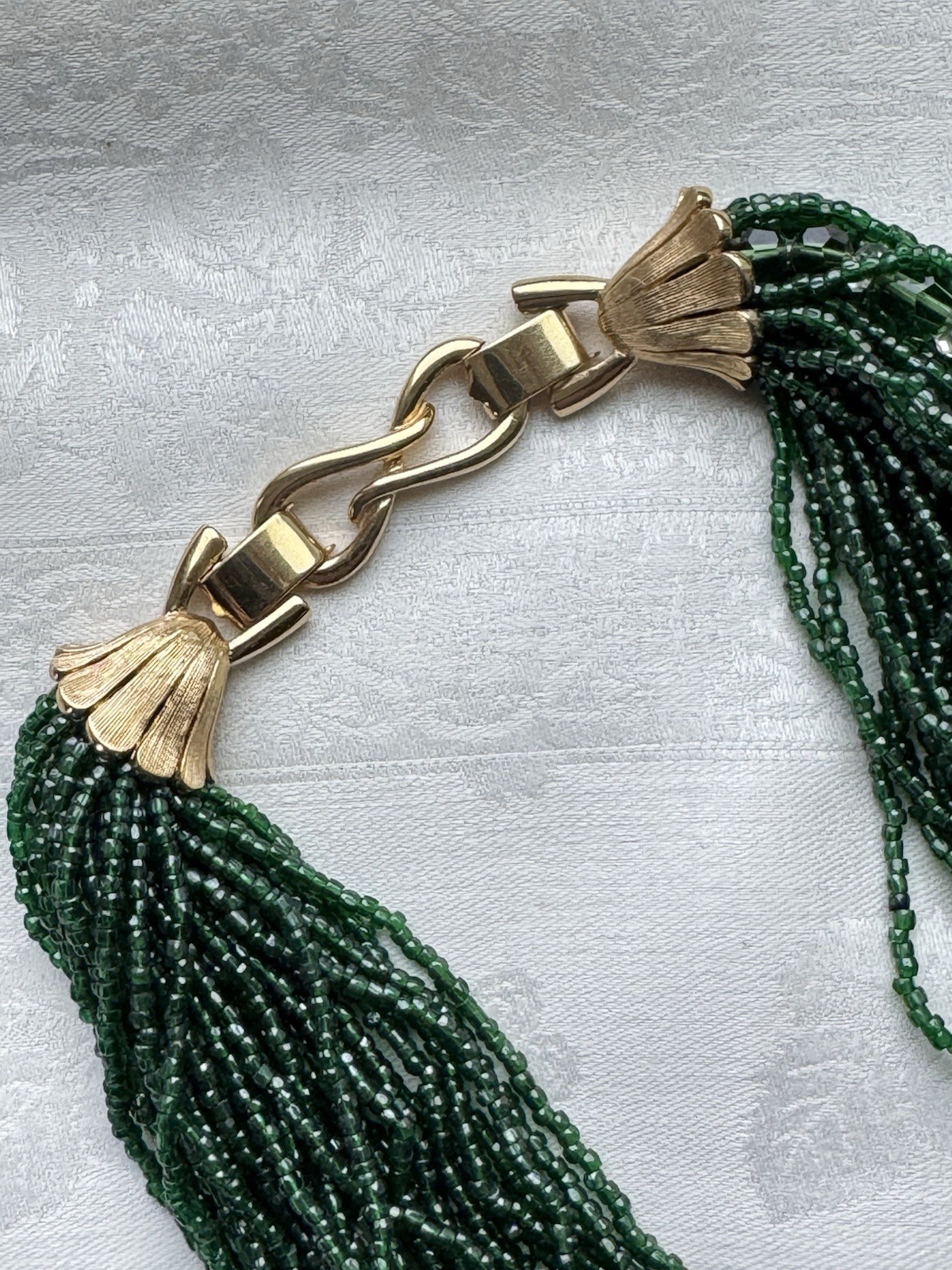 Rare Vtg Signed MARCEL BOUCHER Emerald Green Glass Seed Bead Demi Parure Set