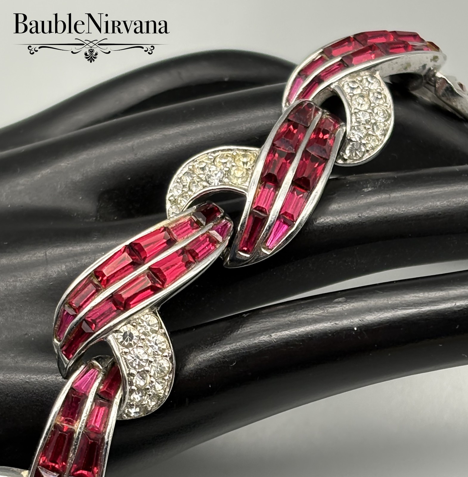 Vintage Boucher Cross Over Link Bracelet Red Baguettes&Clear Crystal Stones