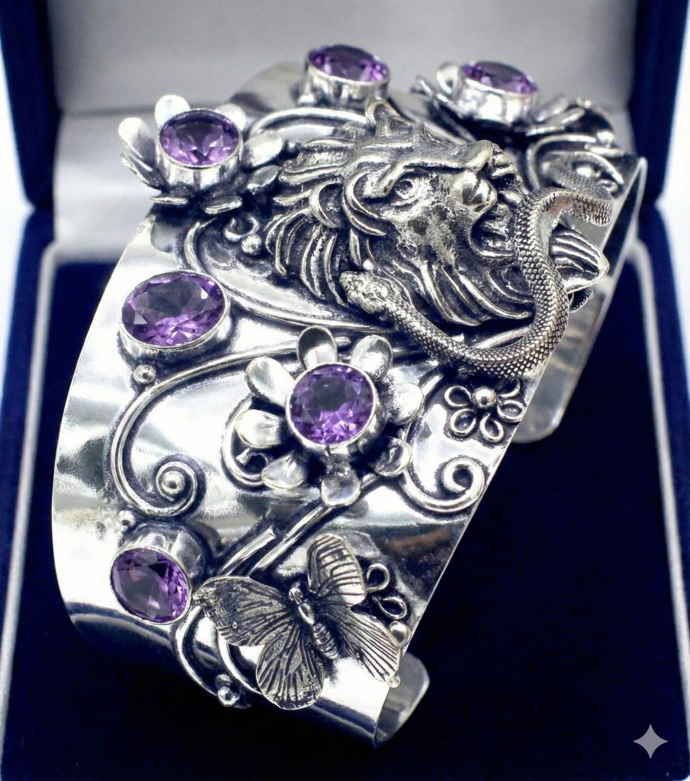 925 Sterling Silver Purple Amethyst Gemstone Handmade Jewelry Cuff Bracelet