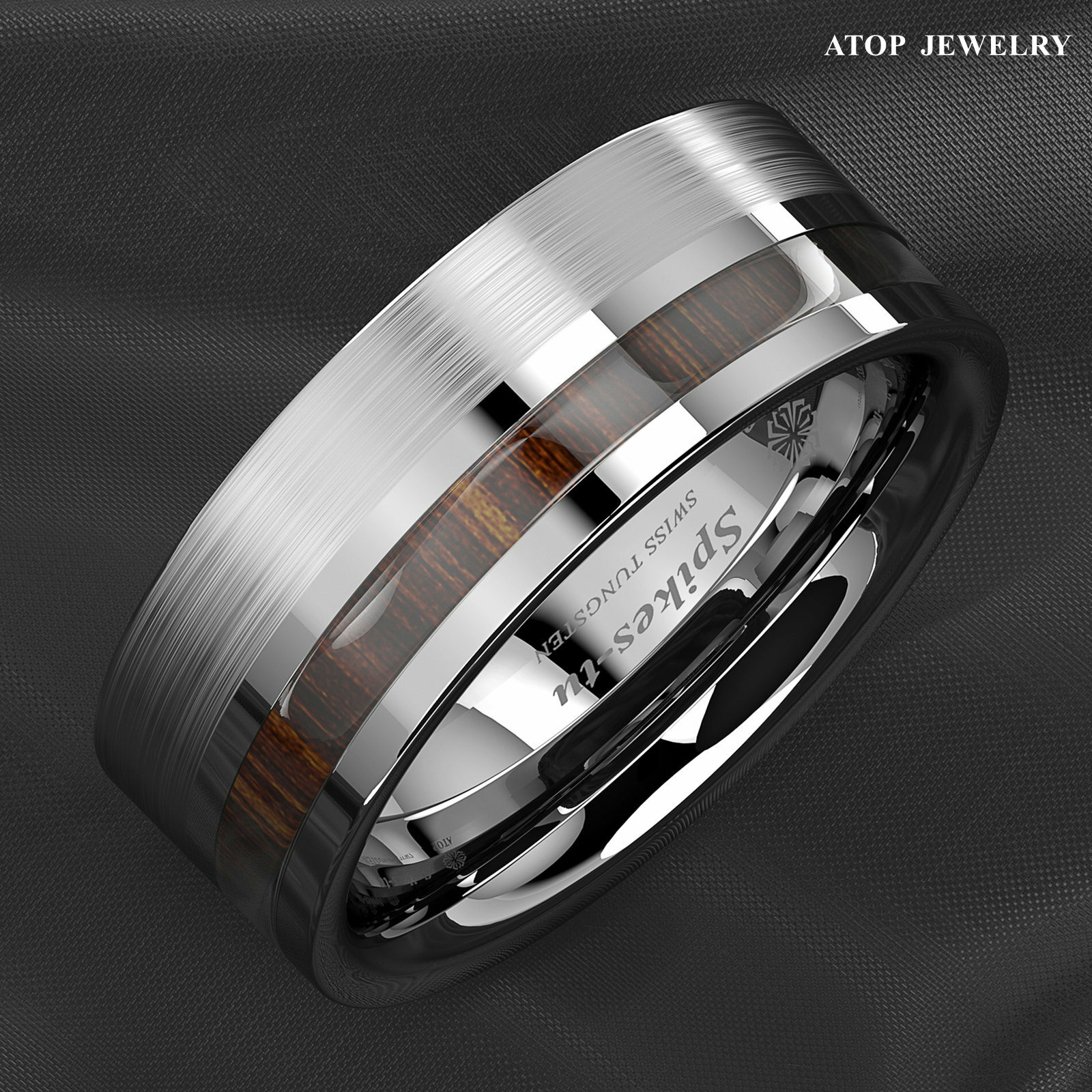 8mm Silver Brushed Tungsten Carbide Ring Off Center Koa Wood ATOP Wedding Band