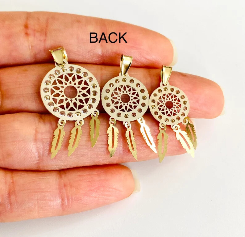 10K Solid Gold Dream catcher 2T Charm Pendant, 10k Real Gold Dreamcatcher- GP91