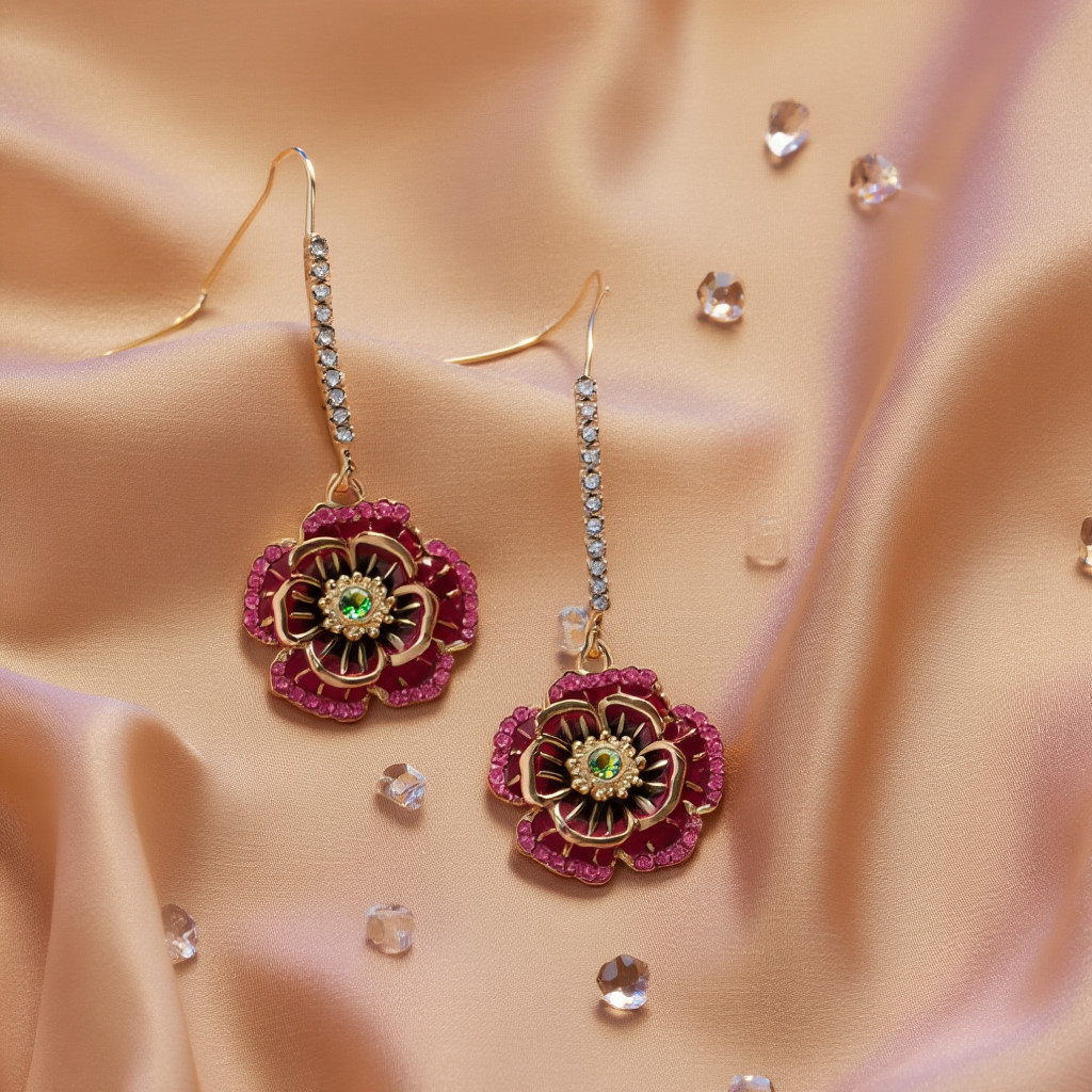 Floral Drop Earrings Women Gold Tone Crystal Rose Flower Hook Statement Boho