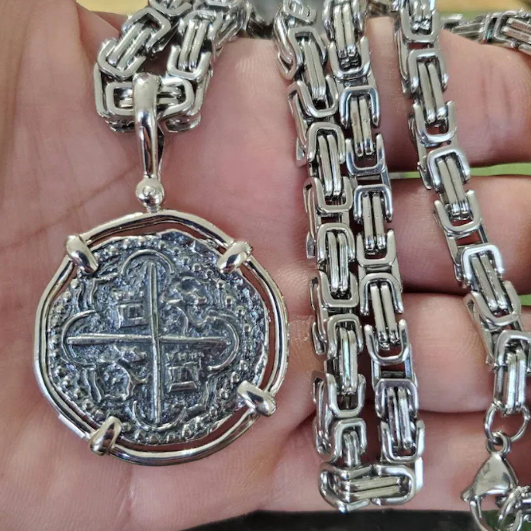 Large Atocha Silver Coin Pendant w Chain Oxidized Shipwreck Certificate