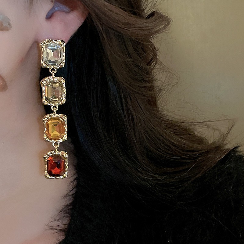 Vintage Multicolor Crystal Necklace & Drop Earrings Set Statement Jewelry