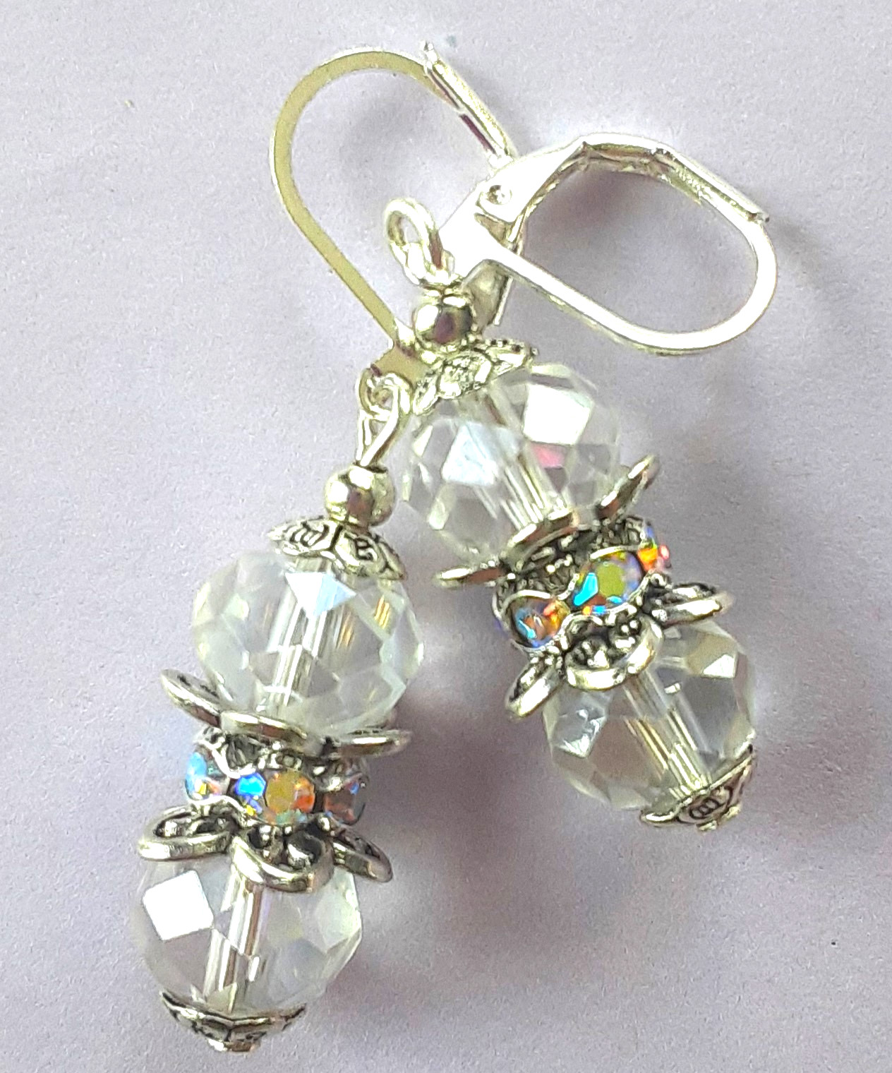 CLEAR Faceted CRYSTALS AB CRYSTAL RING earring SP LEVERBACK artisan #N25
