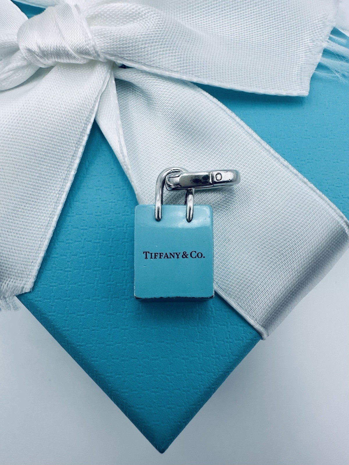 Tiffany & Co. Blue Enamel Shopping Bag Charm in Silver with Jump Ring & Pouch