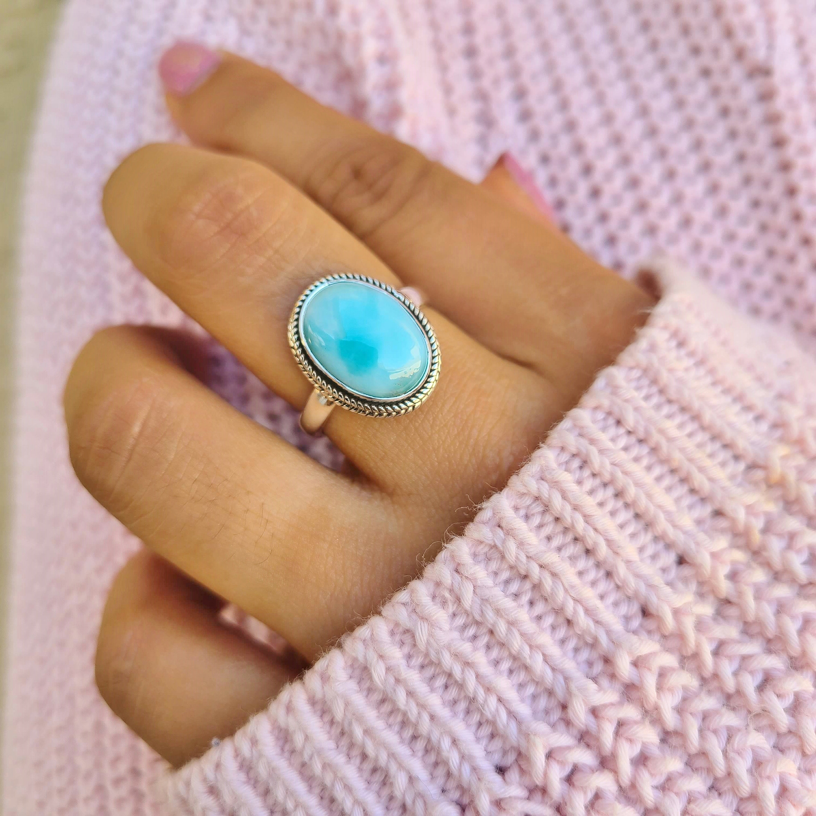 Genuine Larimar Ring 925 Sterling Silver Statement Ring Hand Made Ships From USA
