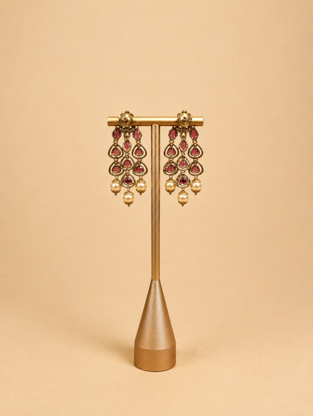 Indian Antique Chandelier Earrings Ruby Pink Stone Pearl Drop Gold Bridal Jhumka