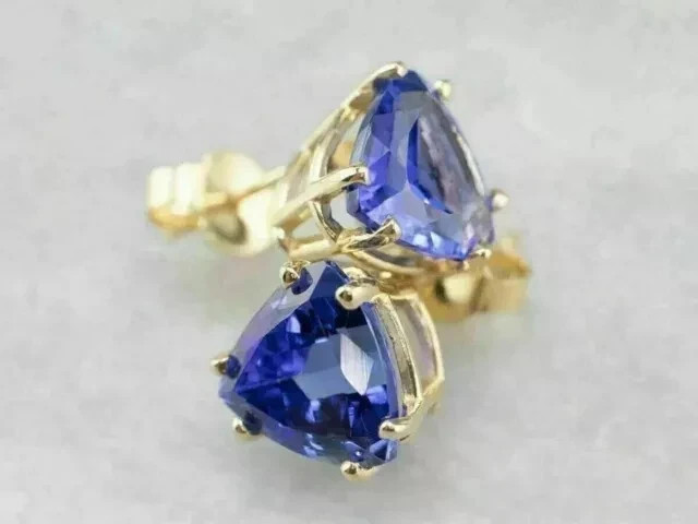2CT Trillion Cut Lab-Created Blue Tanzanite Stud Earrings 14K Yellow Gold Plated