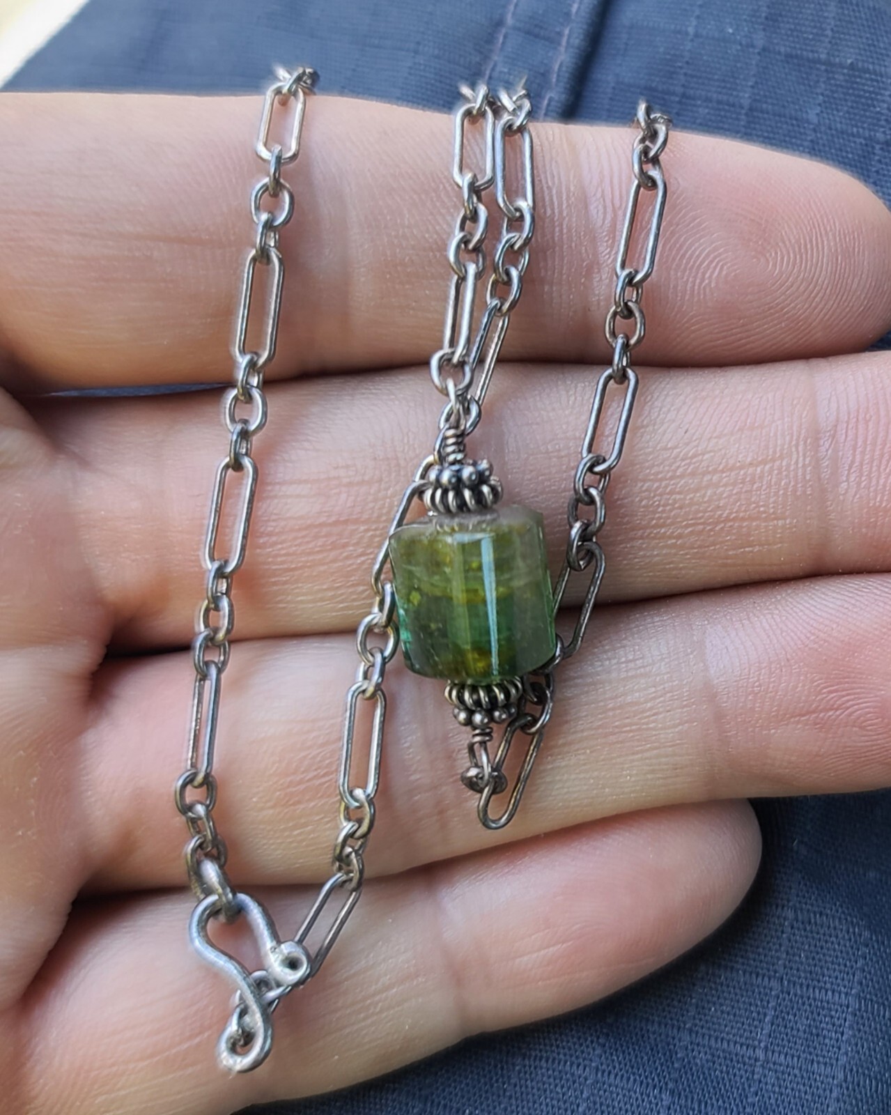 Vintage Sterling 925 Solid Silver Flourite Pendant Chain 17.75″ Necklace 3mm W