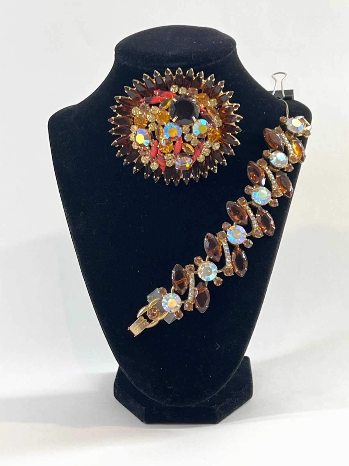 JULIANA D&E Amber Navettes, ABs, Art Glass 2-PC Set Bracelet Brooch
