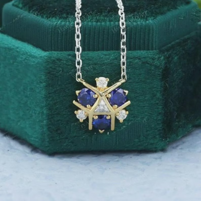 Triforce Zora’s Sapphire Lab Created Sapphire Pendant 14K Two Tone Gold Finish