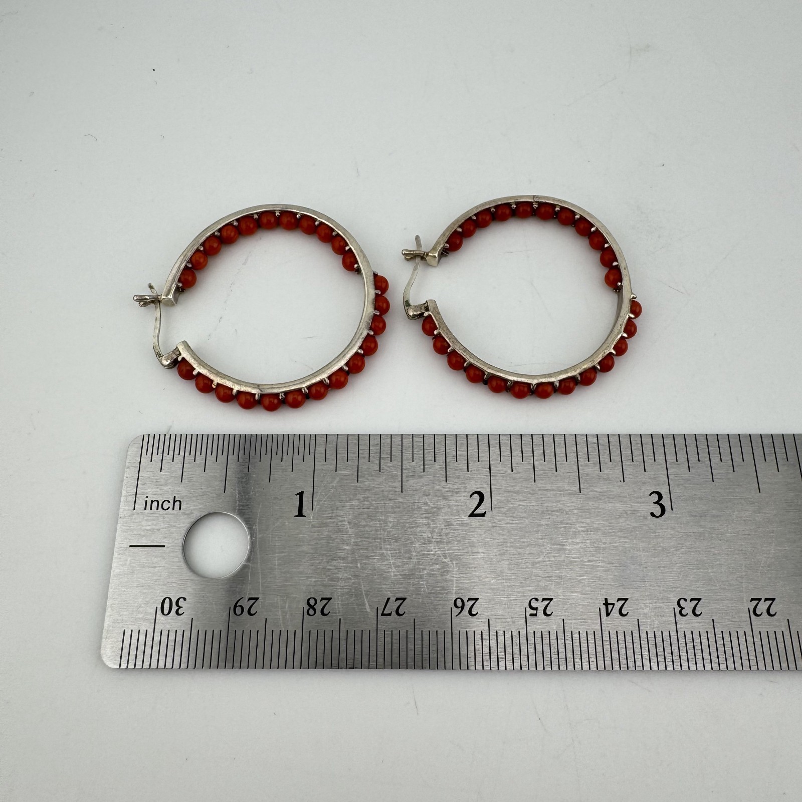 Vintage Sterling Silver Red Gemstone Inside Out Hoop Earrings 1.35″
