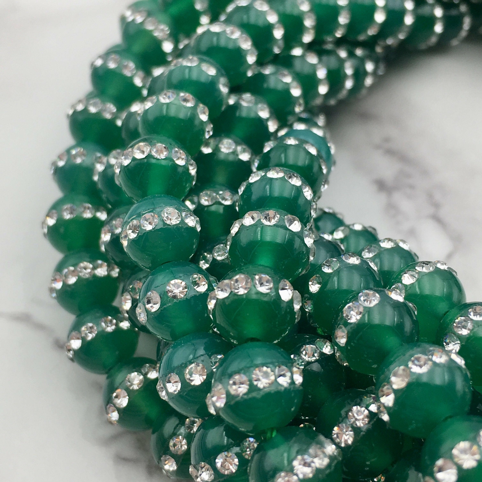 Green Agate /w Rhinestone Round Beads 6mm 8mm 10mm 15.5″ Strand