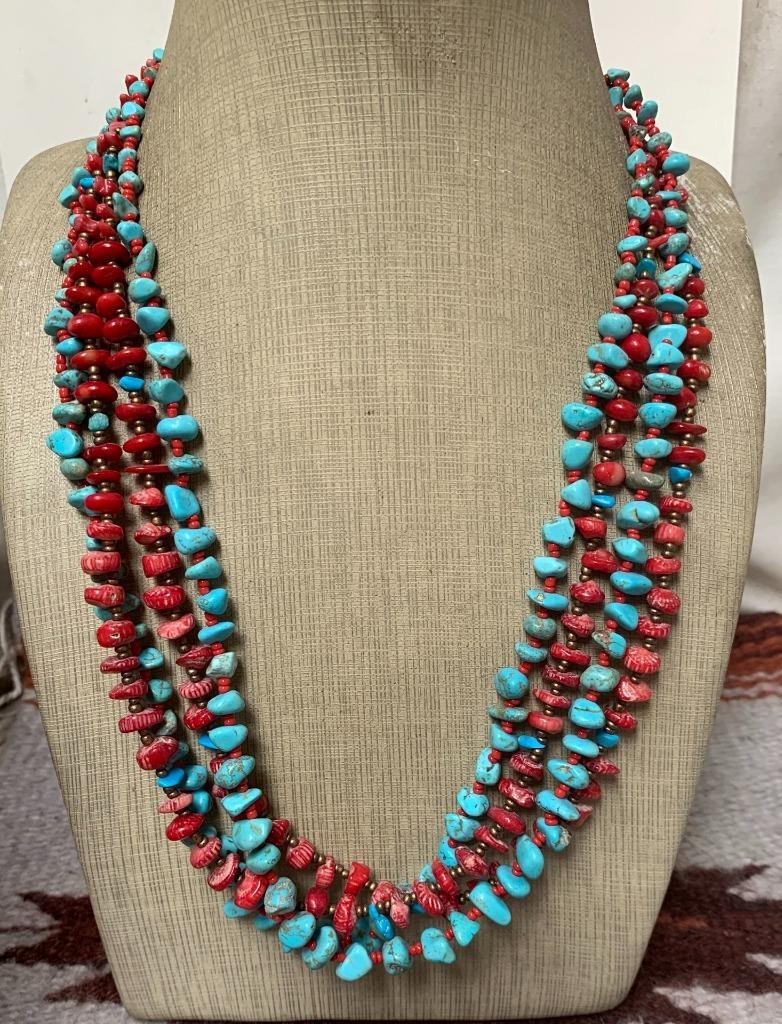 23″ Multi-strands turquoise/coral nugget necklace//gorgeous!!(y402c-w3)