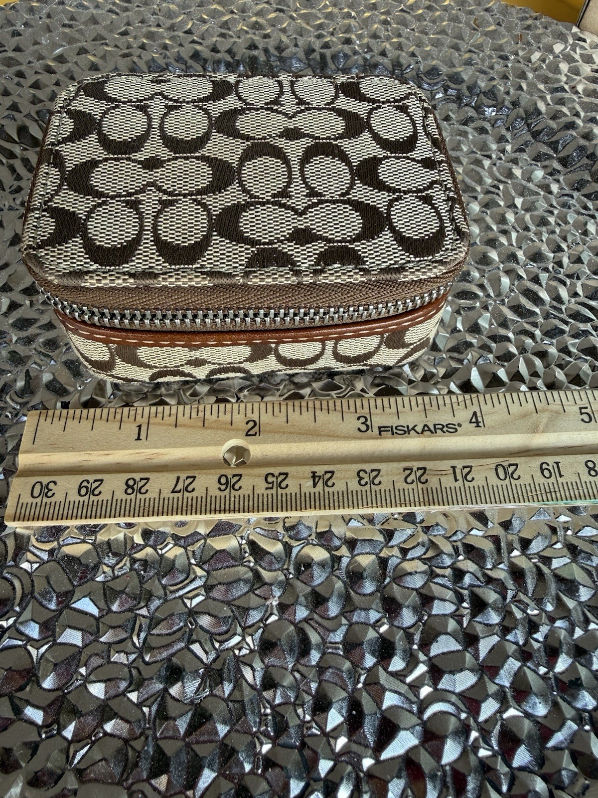 Coach Signature Logo Canvas Leather Travel Jewelry Case Zip-Around Brown Beige