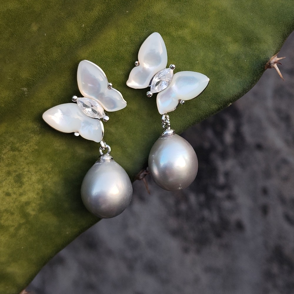 Freshwater Gray Teardrop Pearl White Sea Shell Butterfly Stud Dangle Earrings