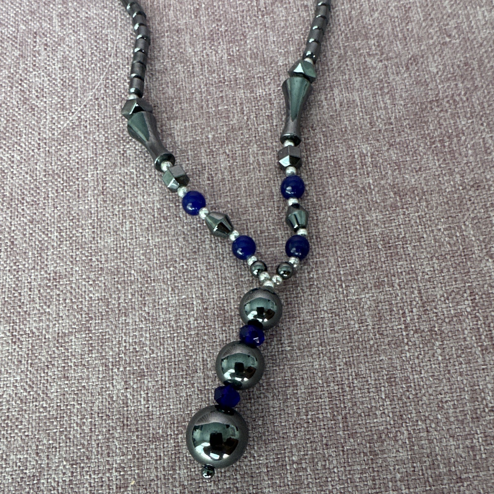 Hematite & Lapis Lazuli Beaded Y-Drop Necklace, Black Blue Round Beads