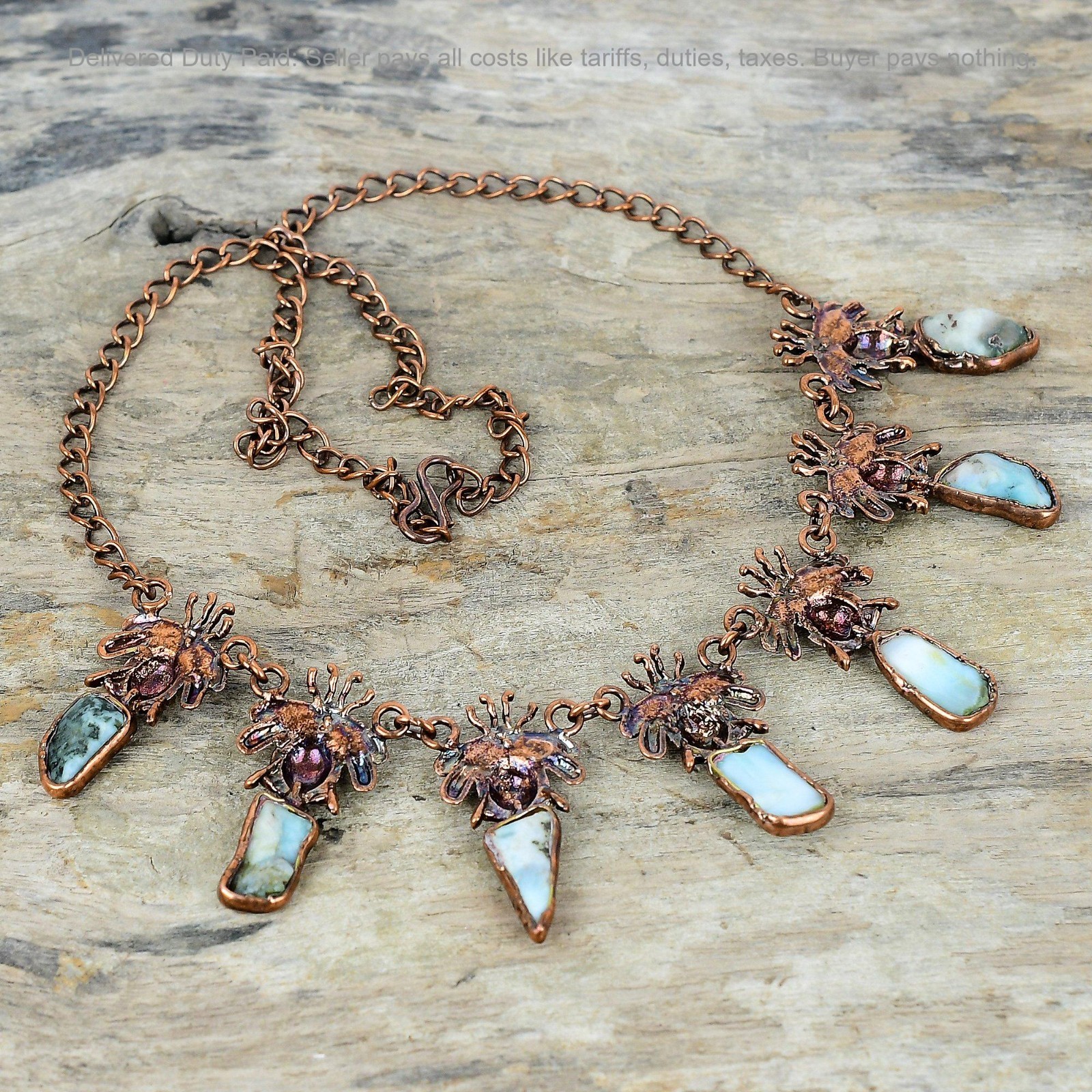 Natural Larimar Rough Wedding Electroformed And Honey Bee Chain Necklace Copper