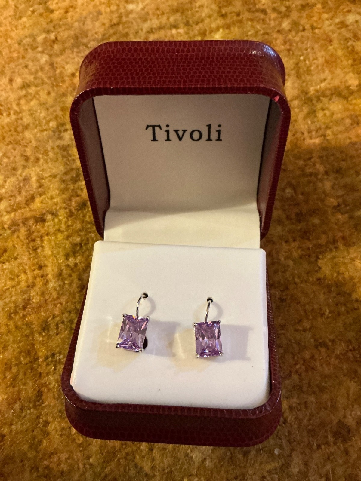 Tivoli Lavender Emerald Cut CZ Leverback Earrings Silver Tone Purple Crystal