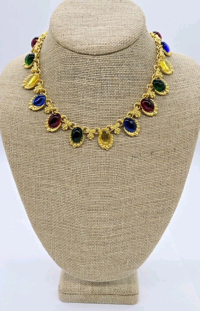 Gripoix Style Necklace Red Yellow Blue Green Matte Gold Tone Poured Resin 17 in