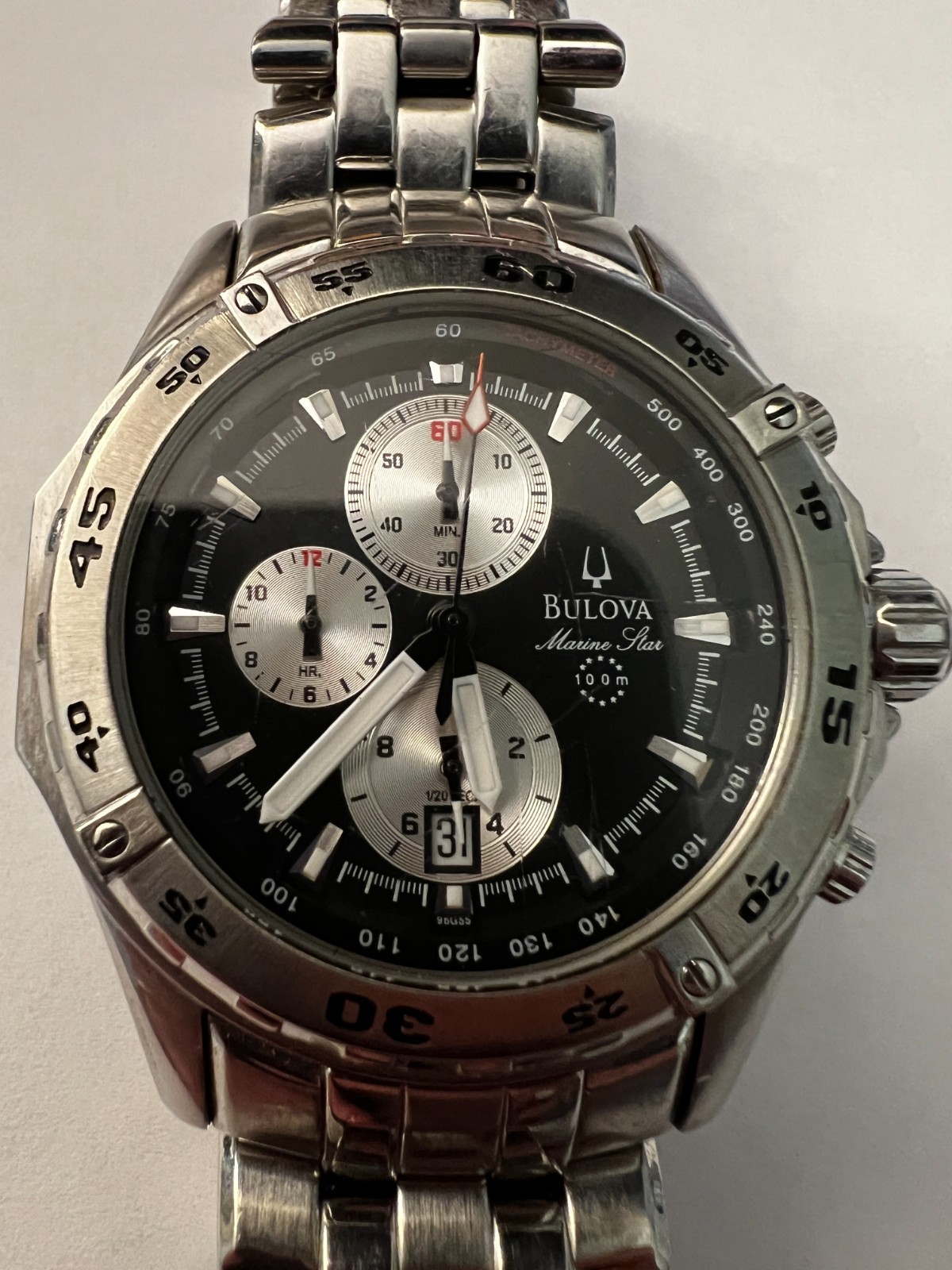 BULOVA 96G55 MARINE STAR Chronograph C899191 Stainless Fits wrist size 5 3/4.