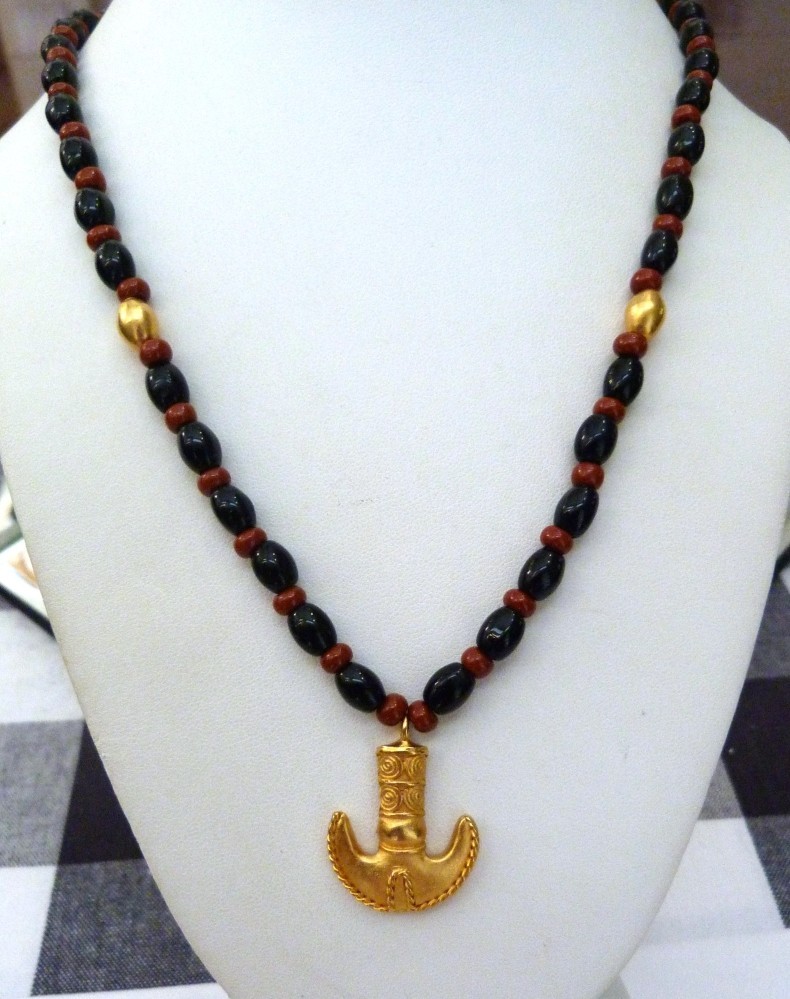 24K GOLD PLATED LINARENA MADE IN COLUMBIA ONYX RED JASPER BEADS NECKLACE