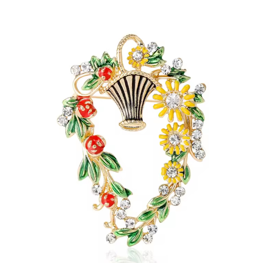Luxury Easter Spring Flower Basket Brooch Pin Gold Sparkling Crystal Jewelry Gif
