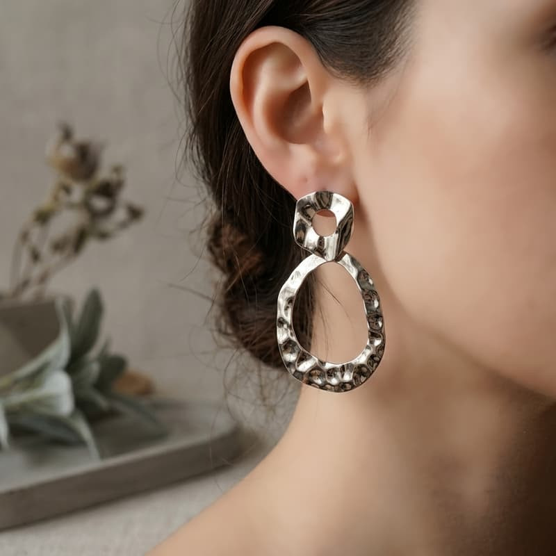 French Vintage Hammered Silver Statement Earrings Abstract Geometric Dangle Drop