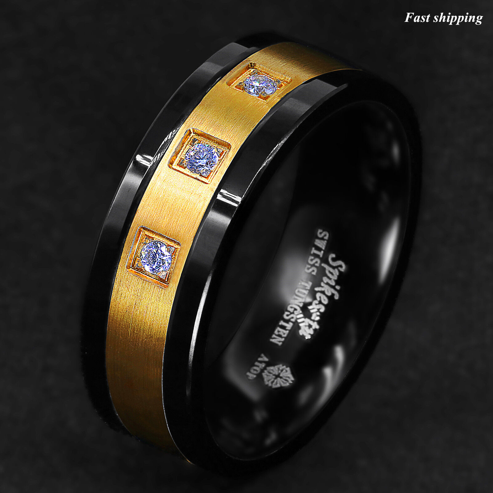 8mm Black/Gold Tungsten Ring Brushed Cubic Zirconia ATOP Men’s Wedding Band
