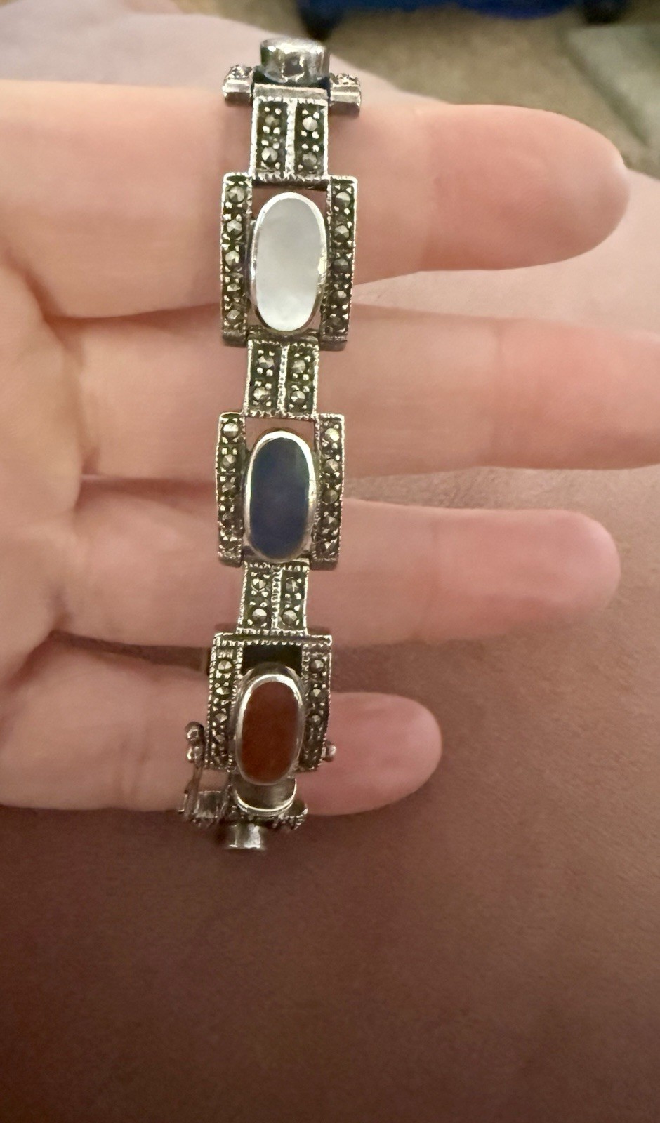 925 Sterling Silver Multi Gemstone Marcasite Art Deco Style Link Bracelet 7.5”