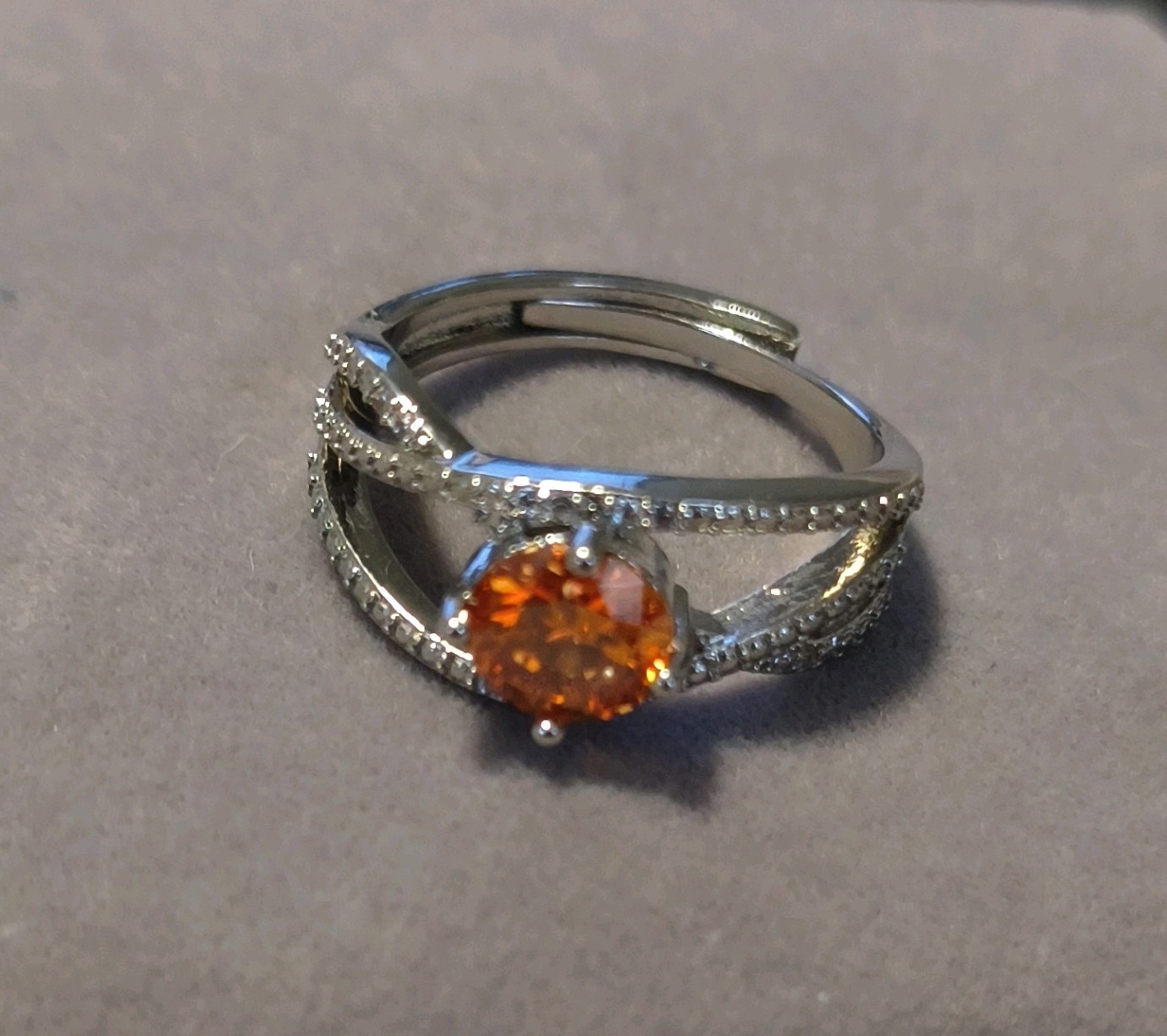 Silver Band Ring Round Orange Moissanite Prong Setting Adjustable