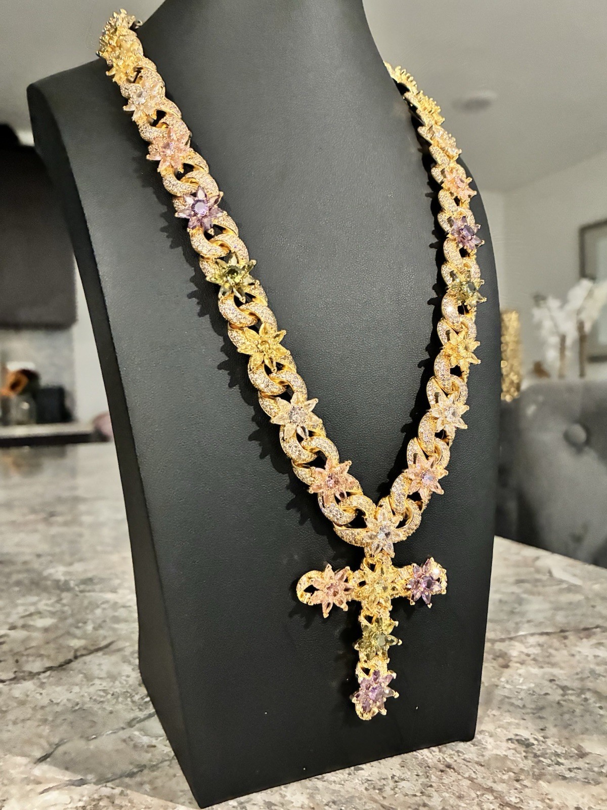 Yellow Gold Plated Cross Silver Cross Purple Yellow Pink Flowers Chain Necklace