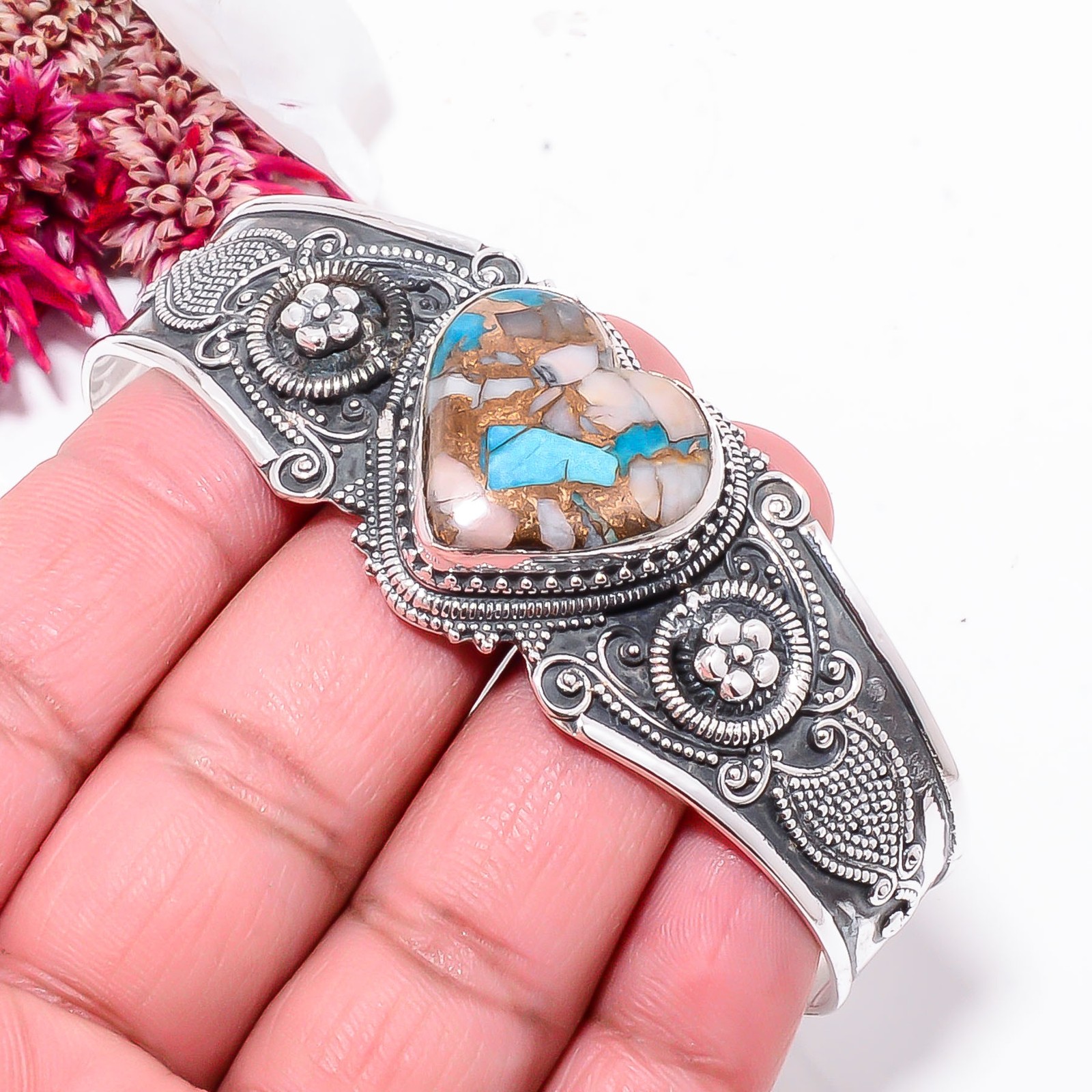 Copper Pink Opal Kingman Blue Turquoise 925 Sterling Silver Bali Cuff|C968458444