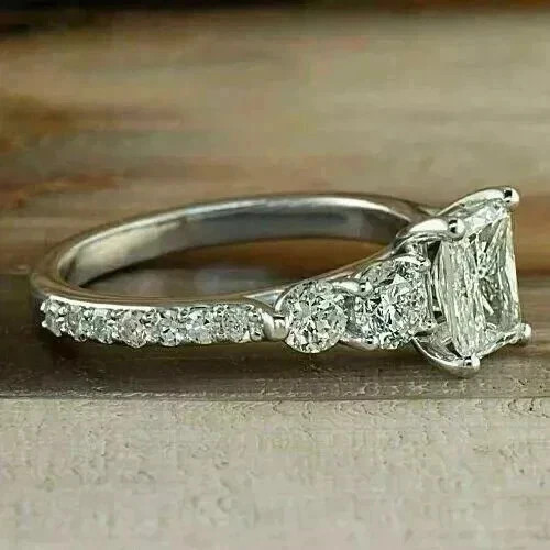 2 Ct Princess Cut Lab Created Diamond Cluster Wedding Ring 14K White Gold Plated