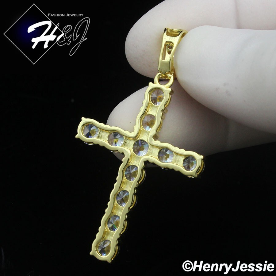 MEN 925 STERLING SILVER ICY CZ 3D 1 ROW TENNIS GOLD PLATED CROSS PENDANT*GP450