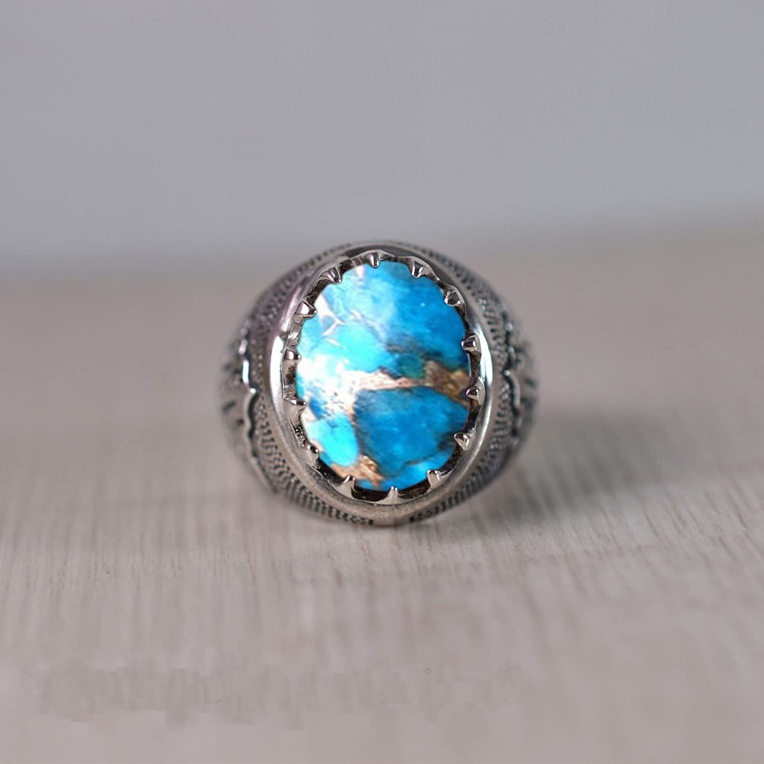 Solid 925 Sterling Silver AA Natural Copper Turquoise Gemstone Men’s Unisex Ring