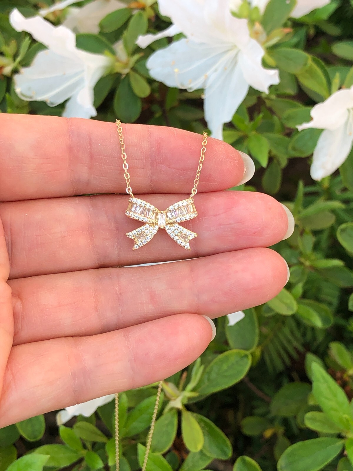 925 Sterling Silver Cz Gold Bow Pendant Necklace 15.5mm(0.61″) 15.75-17.75″