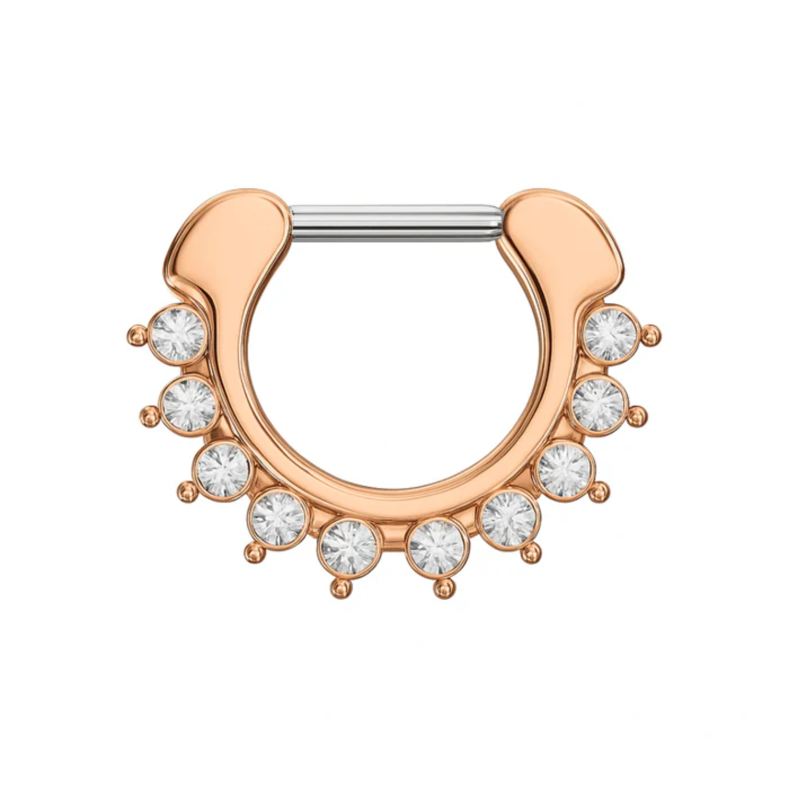 316L Surgical Steel With Rose Gold PVD Single Line 9 CZ’s Pronged Septum Clicker