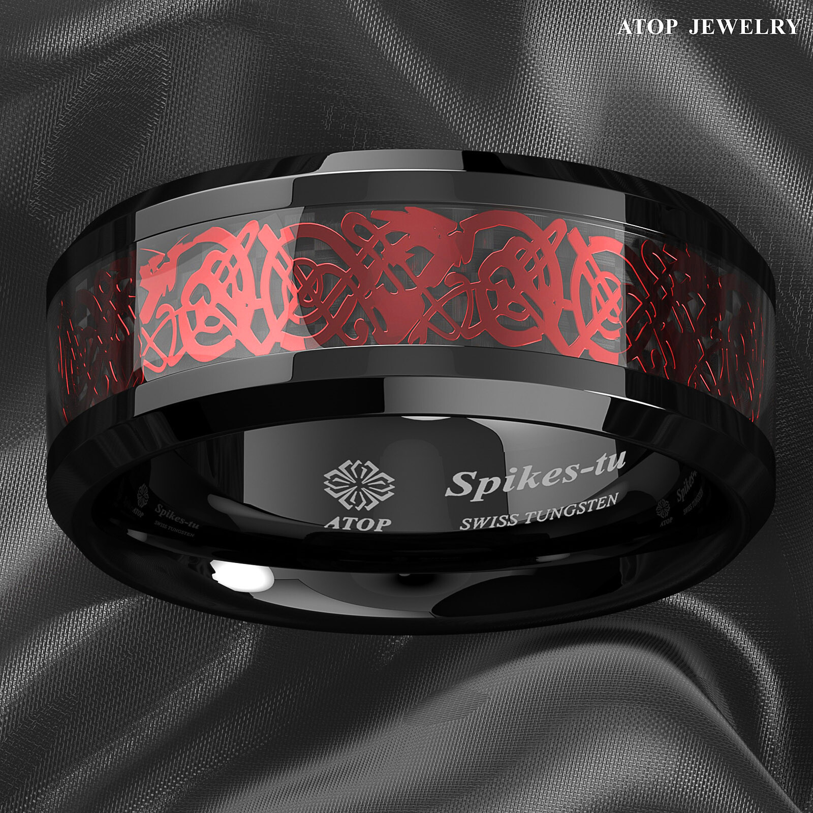 ATOP 8/6mm Men Black Red Tungsten Ring Wedding Band Celtic Dragon Carbon fiber