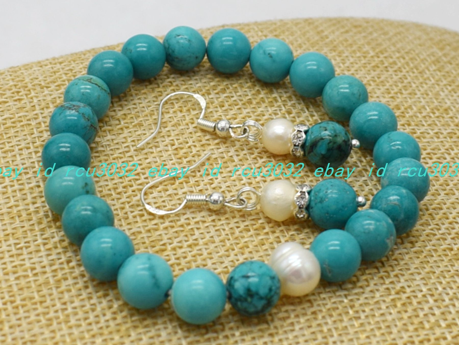 8mm Blue Turquoise White Pearl Round Beads Gemstone Earrings Bracelet 7.5in Set