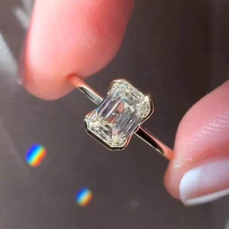 2Ct Emerald Cut Real Moissanite Bezel Engagement Ring 14K Yellow Gold Plated
