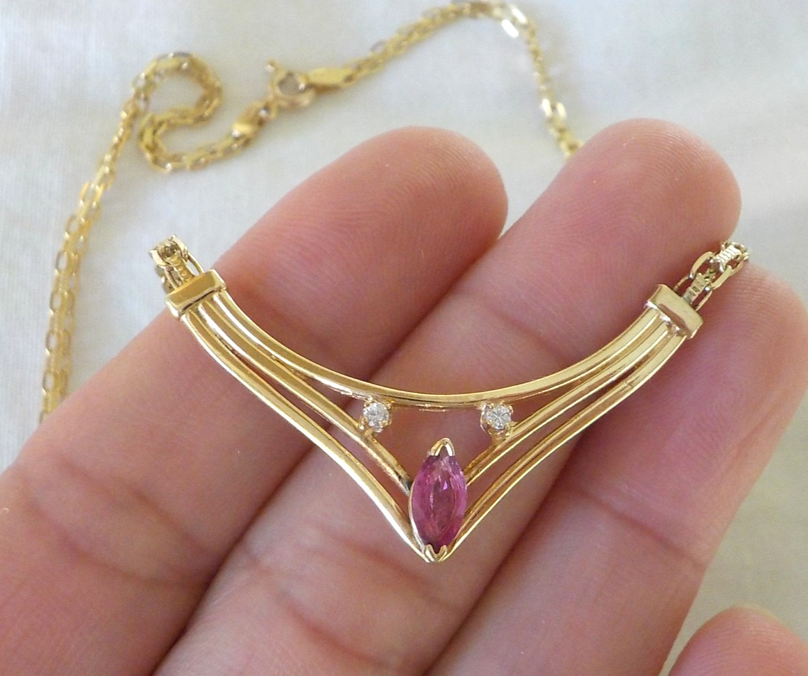 Estate 14K Yellow Gold Natural Ruby Diamond Necklace – 7.34 gms, 17 in, 0.38 ctw