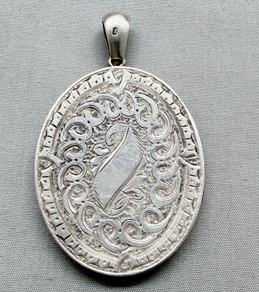 Victorian Sterling Silver Locket Hand Engraved Double Sided Floral Antique 1879