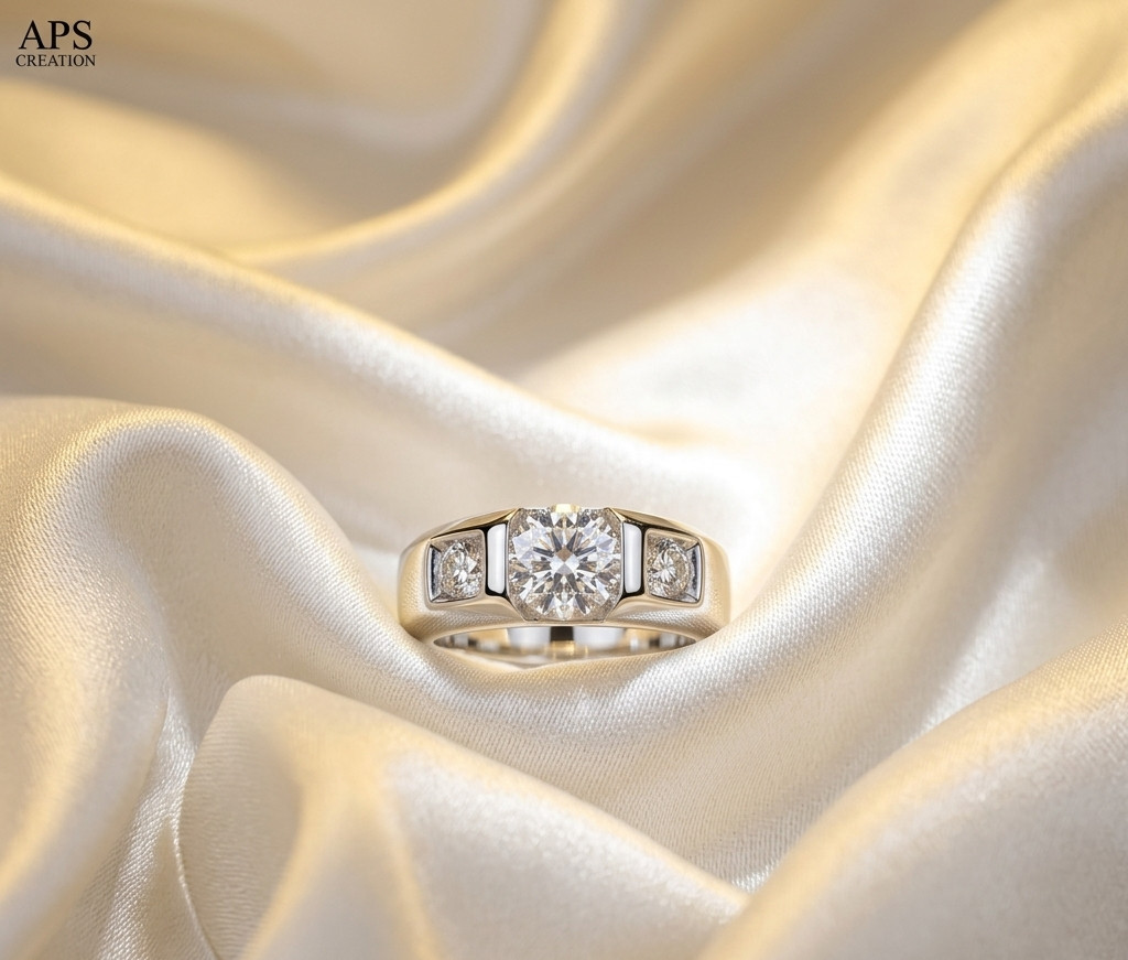 4Ct Round Moissanite Men’s 3 Stone Wedding Ring 14K Vermeil White Gold Finsih