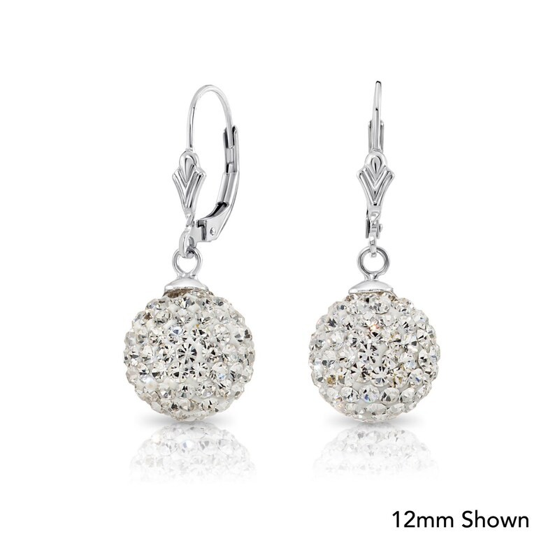 925 Solid Sterling Silver Sparkle Crystal Ball Dangle Hoops Earrings All Size