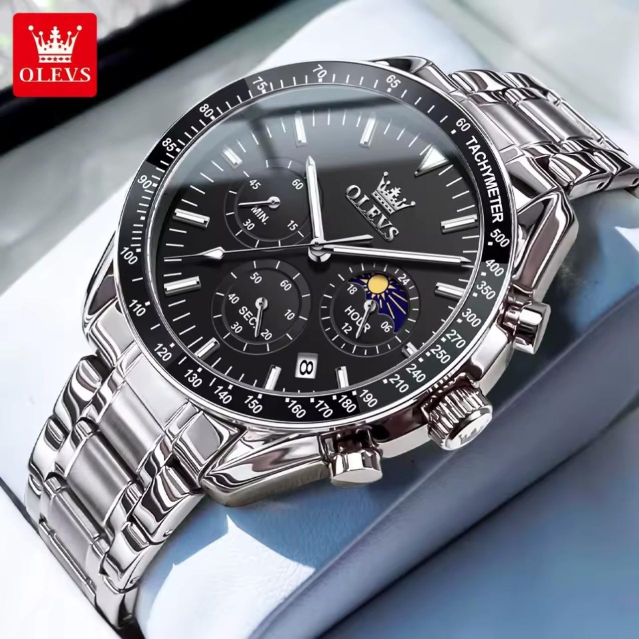 Men’s OLEVS Chronograph Watch – Moon Phase, Tachymeter Bezel, Stainless Steel