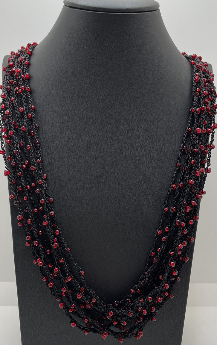 Red & Black Layered Beaded Necklace 34″ Fashion Jewelry Unmarked