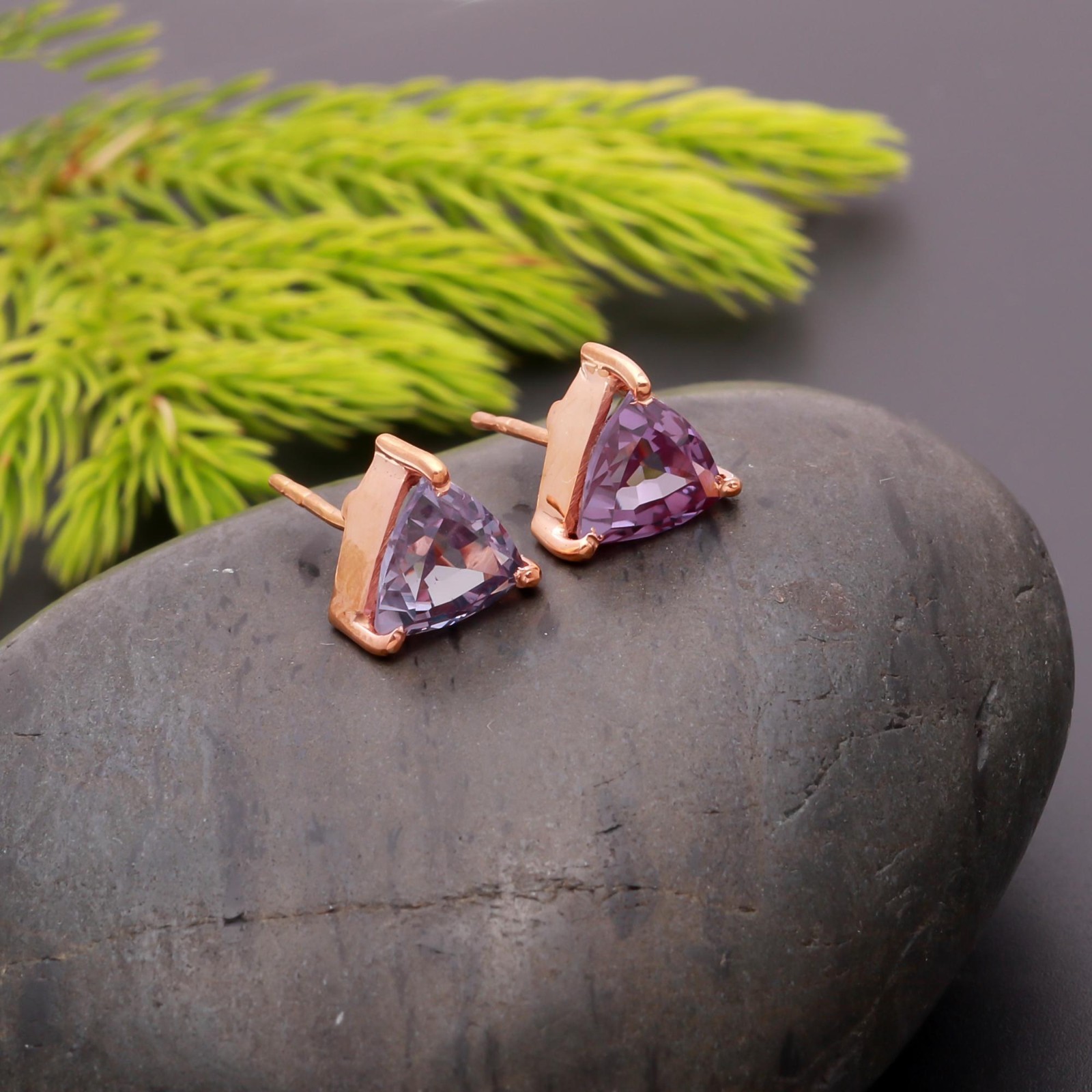 Alexandrite Trillion Stud Earrings Rose Gold Fill Solid Silver Handmade Jewelry