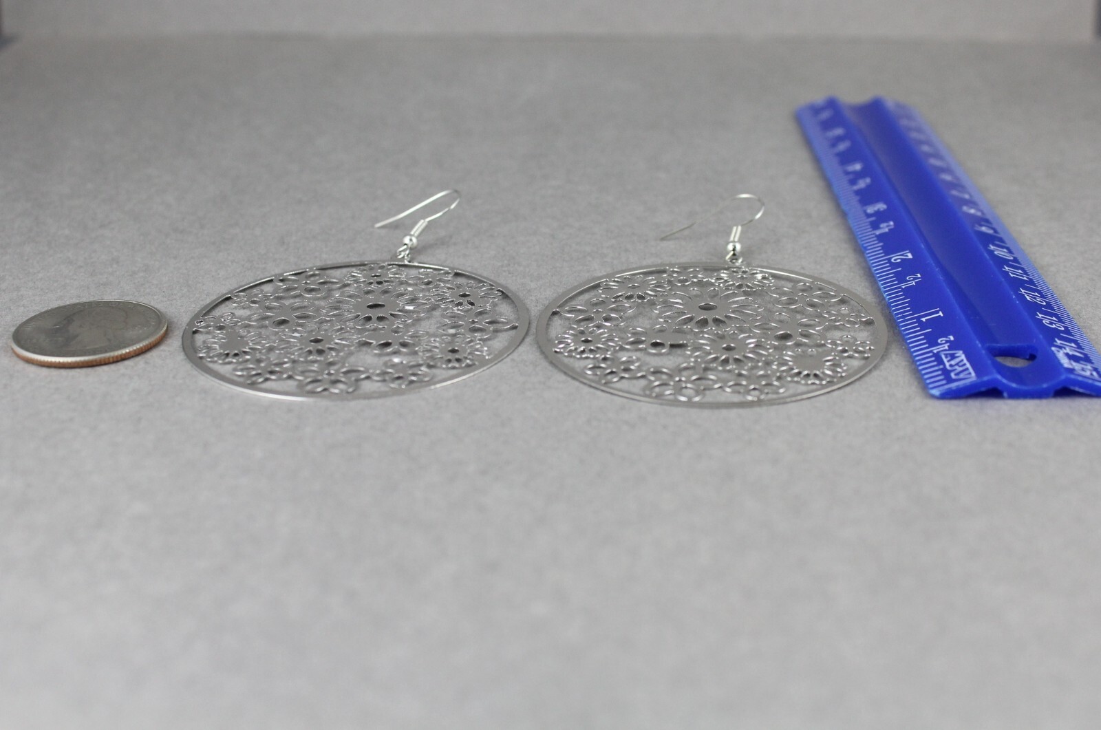 Silver flower filigree round disc earrings medallion 2.75″ long very lightweight